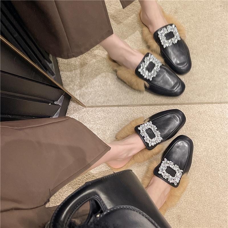 Fashion Winter Round Toe Casual Baotou Women's Shoes Non-slip 2024 Hot Sale Rhinestone Decoration Women Warm Plush Snow Slippers