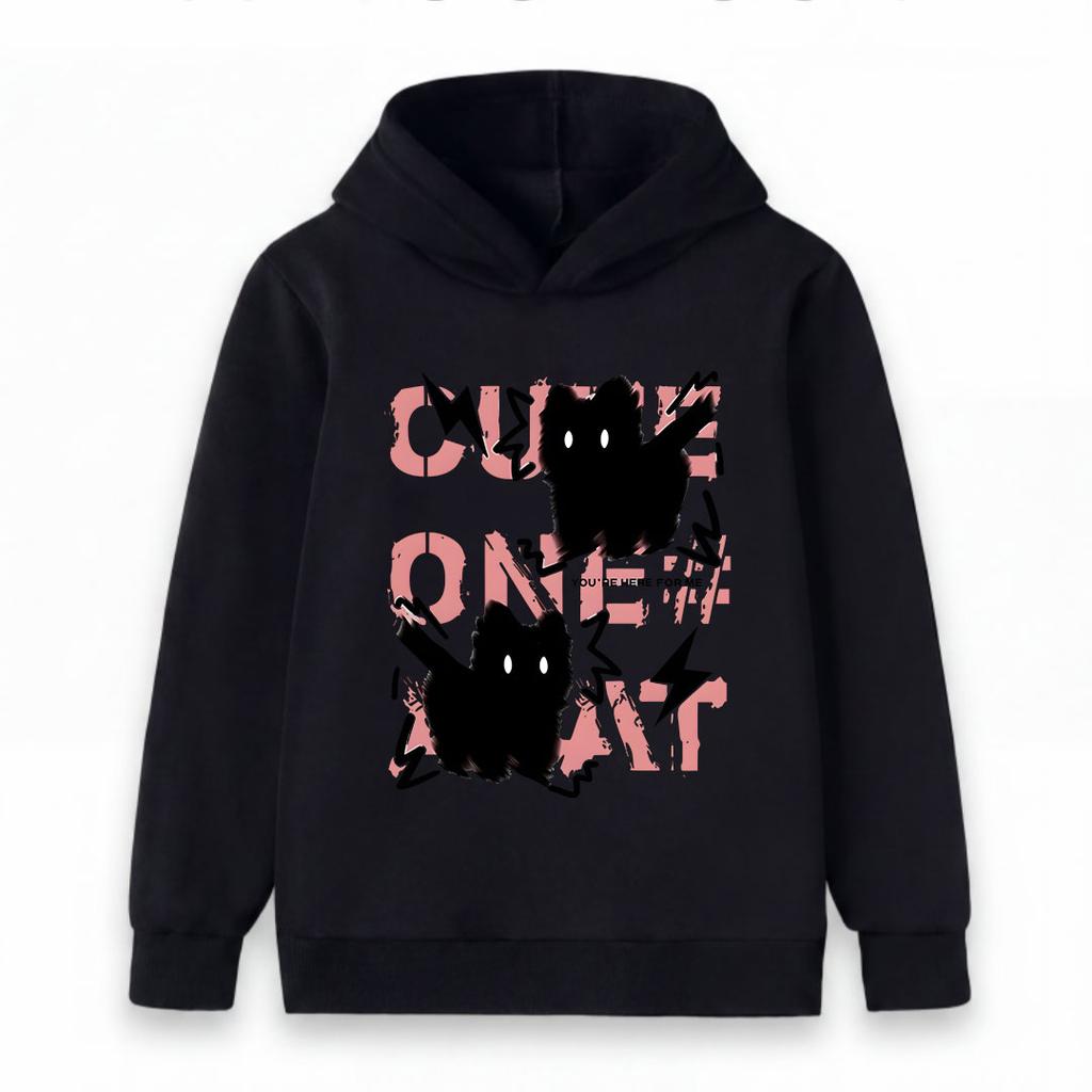 Kids Boys Girls Hoodie Sweatshirt, Cute Fluffy Black Cat Print Pullover, Casual Long Sleeve Loose Fit Hooded Tops for Daily Street Wear