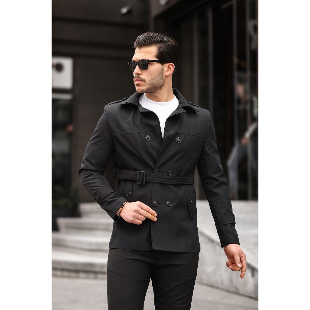 Men's Black Seasonal Lined Belted Double Breasted Trench Coat