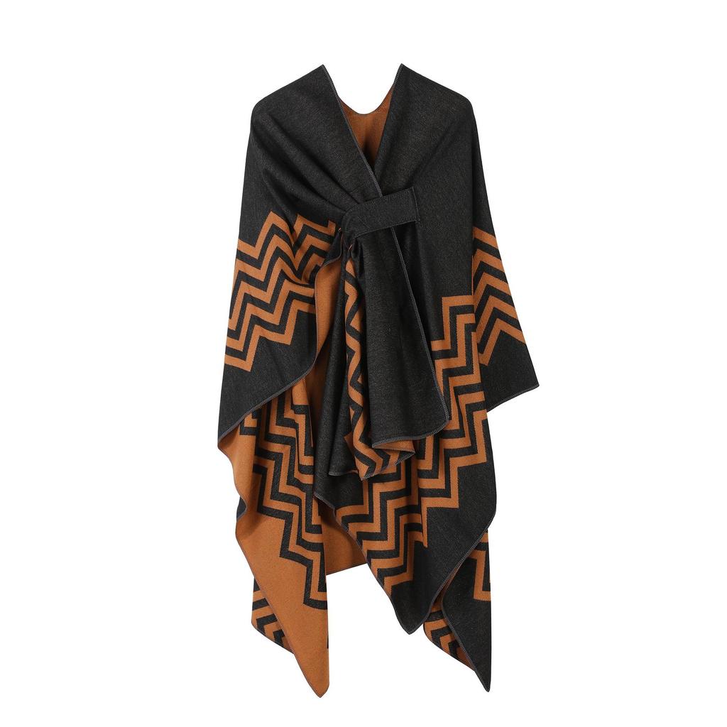Women's European & American Double-Sided Solid Color Cape Shawl with Striped Edge