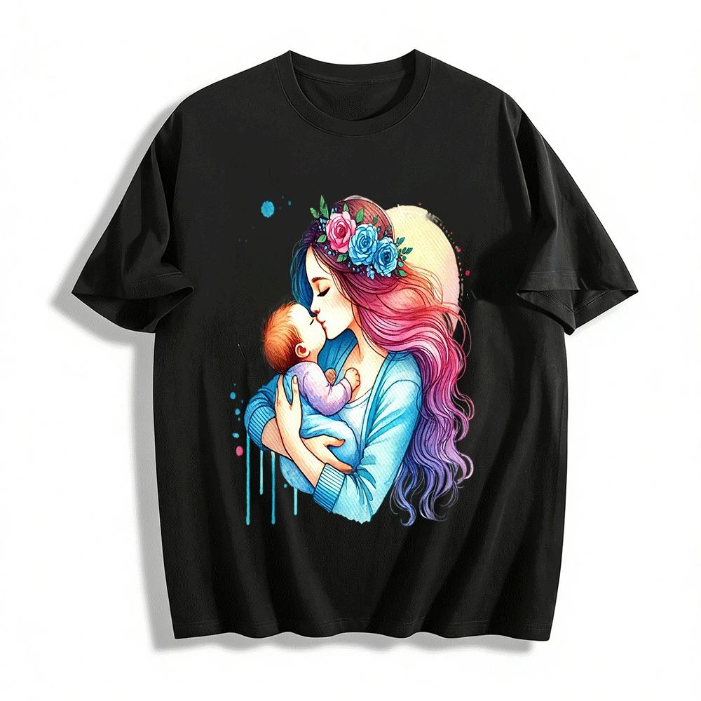 Mom And Baby Loving Hug Print Long Sleeve Knit Top Pure cotton T-shirt XXS