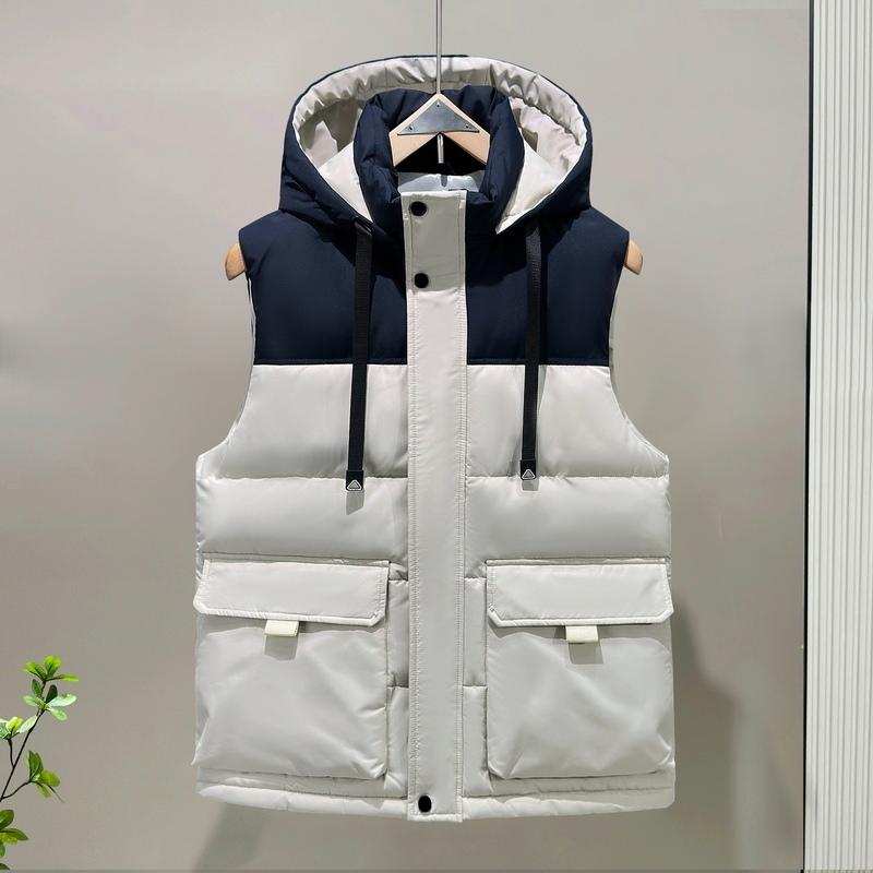 

Мужской кардиган без рукавов контрастного цвета с карманом на молнии, на пуговицах, с капюшоном, модный, повседневный топ L белый