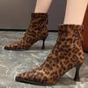 Fashion 2024 Autumn and Winter New Sexy Leopard Print Pointed Suede Thin Heel Short Boots, Slim Boots, Women's High Heels Fashion Boots
