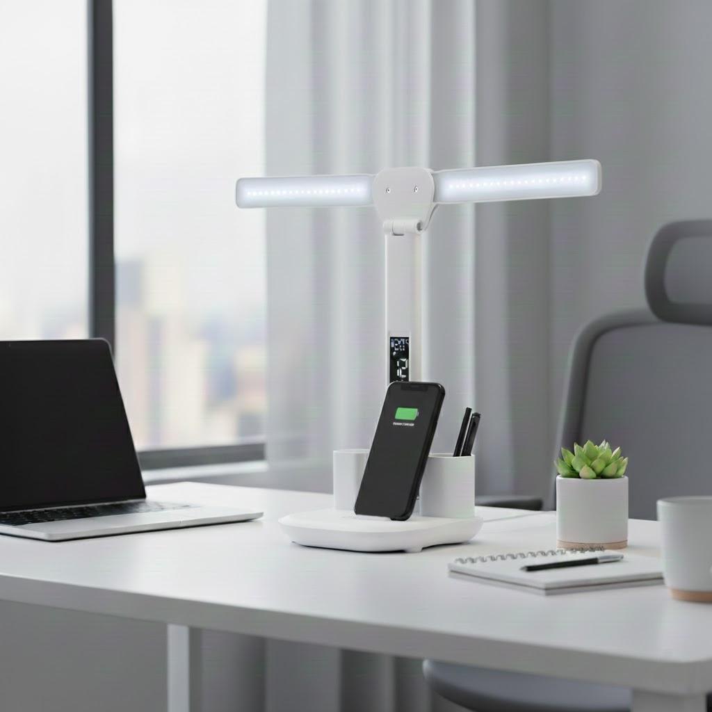 LED desk lamp with display, drafting clock, dual temperature