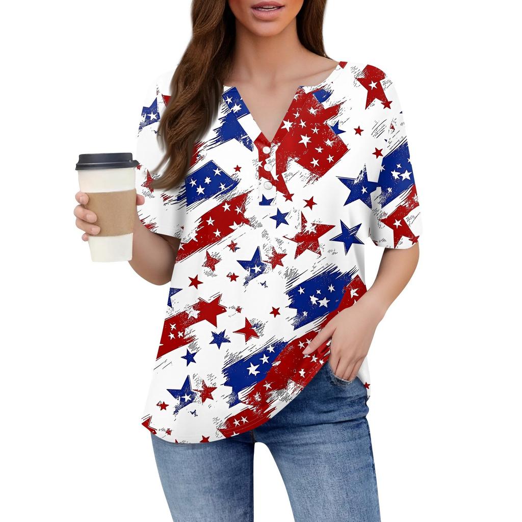 Women's T Shirt Independence Day Print Button Short Sleeve Daily Weekend Fashion Basic V- Neck Regular Top