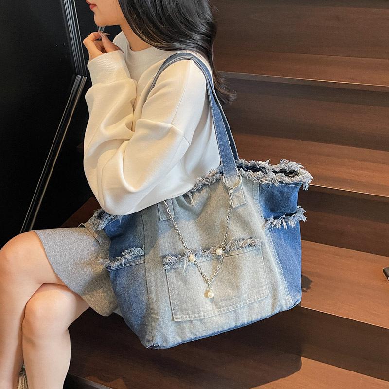 Korean Retro Washed Denim Tote Bag Women's Large-capacity Casual Shoulder Underarm Bag Lazy Wind Commuter Class Bag