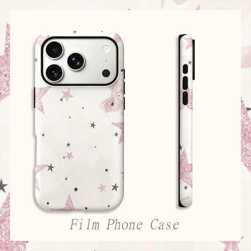Glittering Pink Bow Starry Pattern Graphic Art Film Aesthetic Protective Shockproof Bumper Phone Case Cover For iPhone 14 15 16 Pro Max Plus