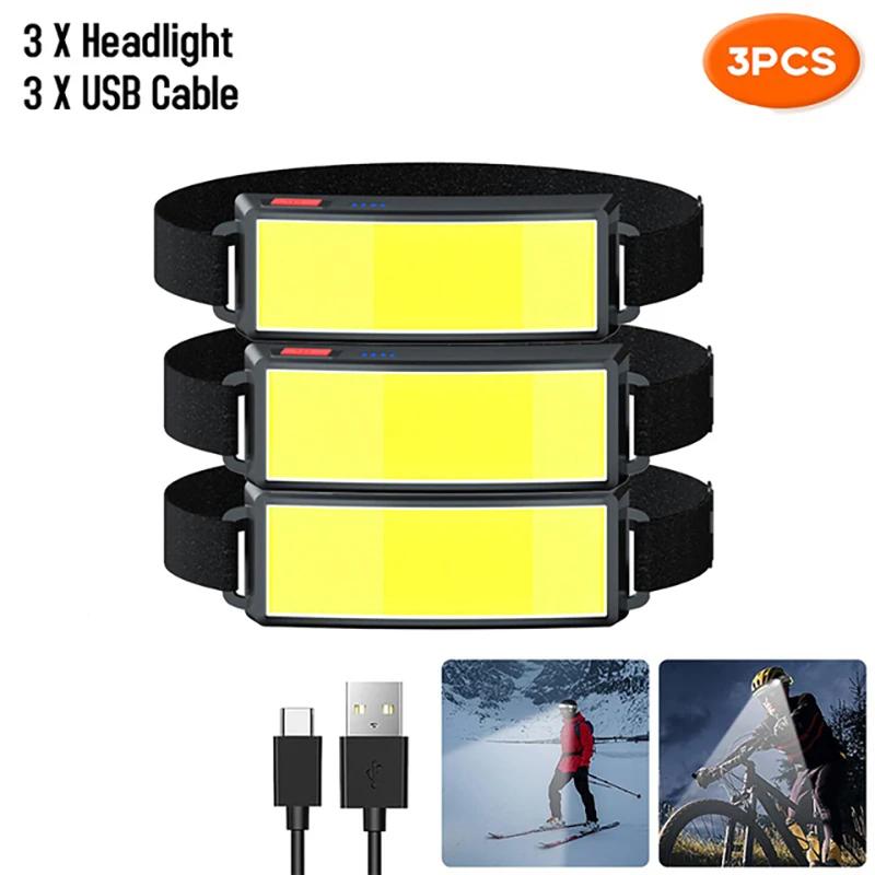 Výkonná COB LED čelovka Typ-c Nabíjateľná čelovka Vstavaná batéria Vonkajšia rybárska kempingová lampa Vodotesná baterka