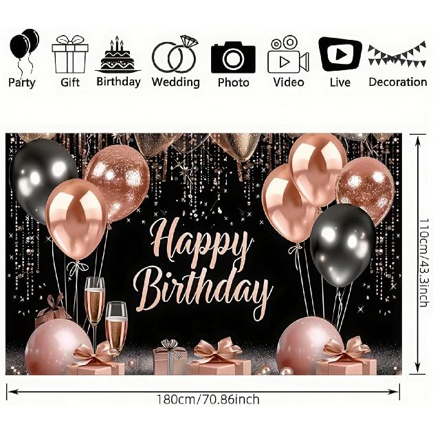 BlissYard Rose Gold and Black Happy Birthday Banner Backdrop Large Happy Birthday Glitter Balloons Photo Booth Photography Background Banner Supplies