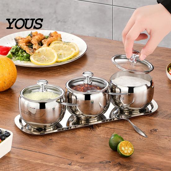 Countertop Spice Storage Jars 304 Stainless Steel Jar Set, Seasoning Container with Glass Lid Refillable Condiment & Spoon, Rustproof