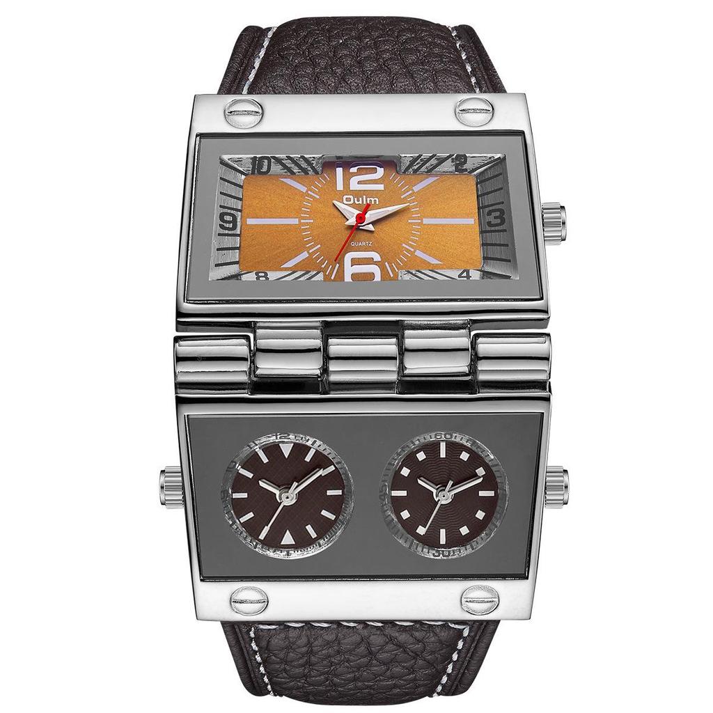 Oulm Men's Quartz Watch with Large Rectangular Dial & Multi-Time Zone Display