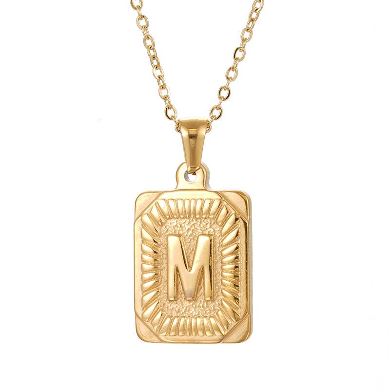 Men's 18K Gold Stainless Steel Square Pendant Necklace with Titanium Steel Uppercase English Letters