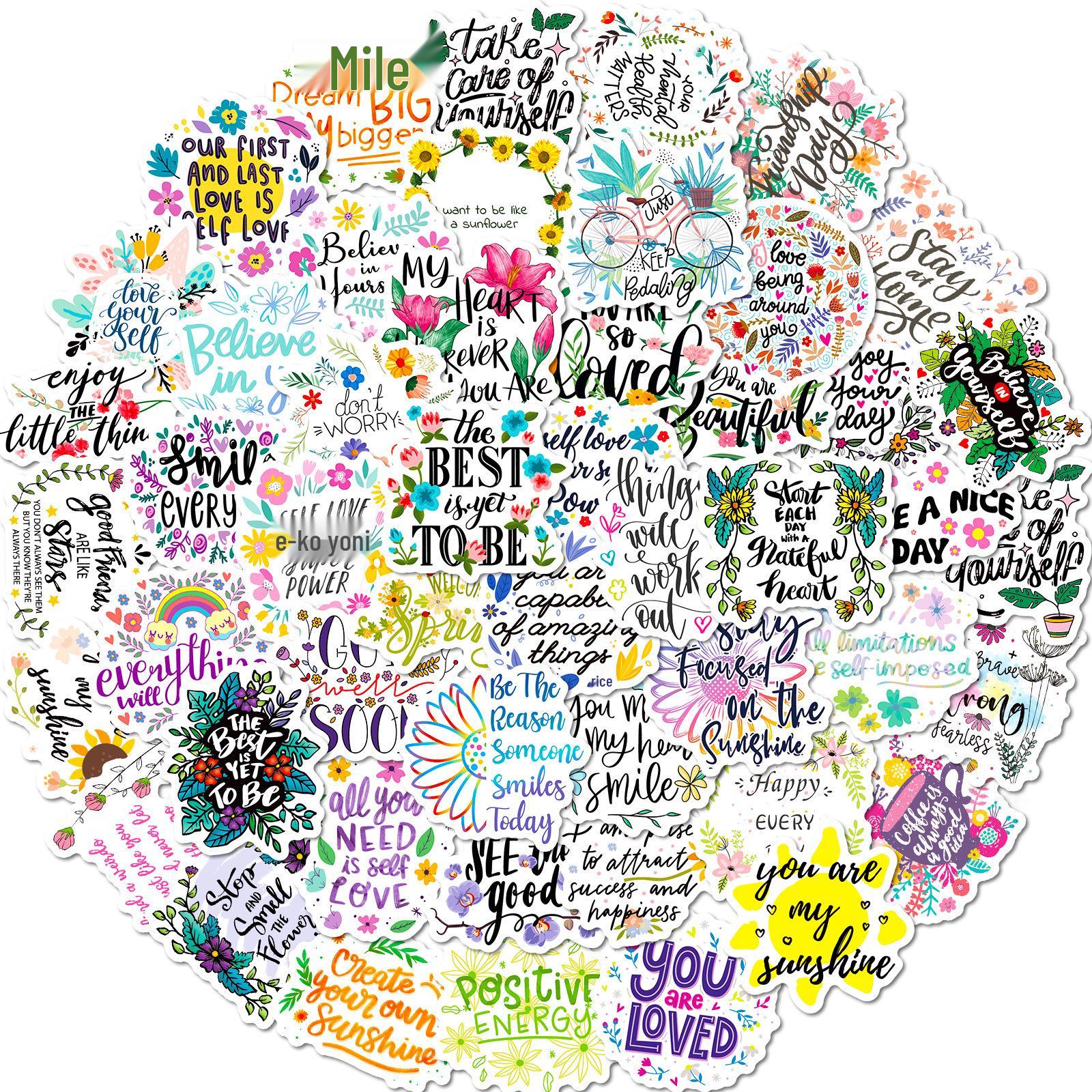 50 Colorful Flower Stickers with Motivational English Slogans