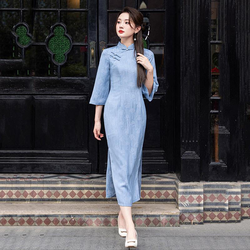 Blue national style new Chinese long autumn long-sleeved cheongsam improved young women s high-end sense retro slim spring and autumn S