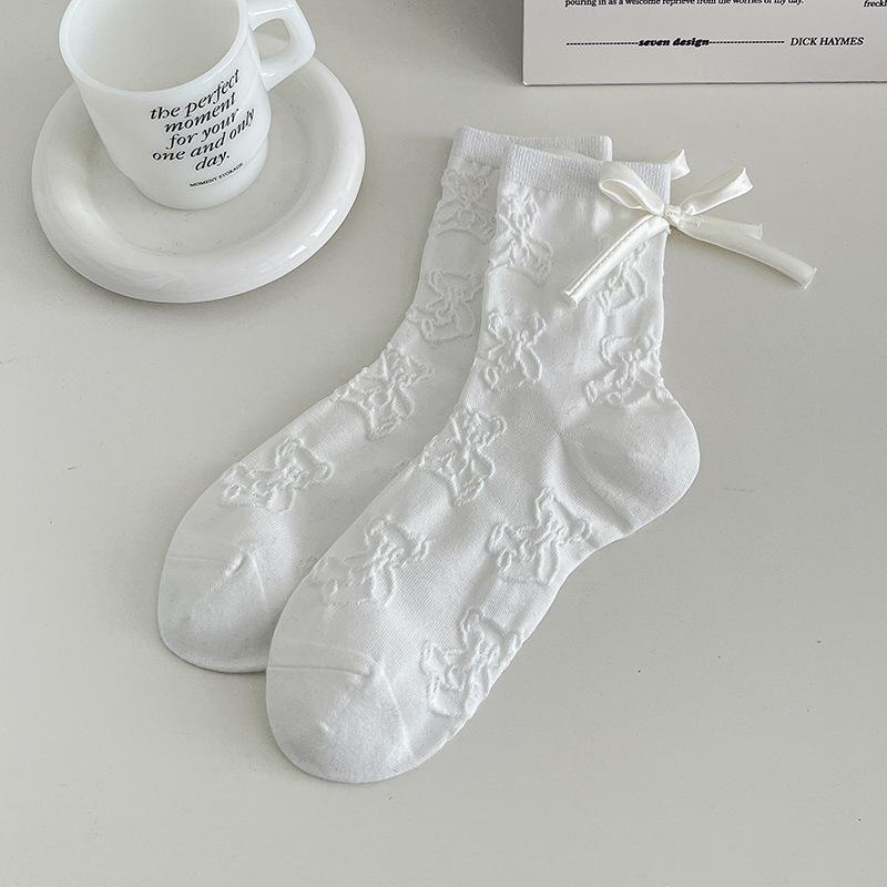 1 Pair Japanese Grey Bow 3D Bear Calf Socks Kawaii Vintage Seamless Pile Loose Socks for Girl Spring Summer Thin Casual Socks