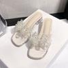 Thick heel transparent outer slippers fairy wind 2025 summer new Internet celebrity pearl bow high heel one-word