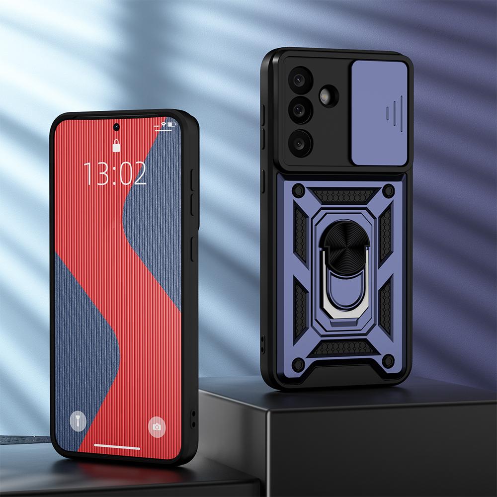 KEYSION Shockproof Case for Samsung M56 5G Silicone+PC Slide Camera Protection Ring Stand Phone Back Cover for Galaxy F56 5G