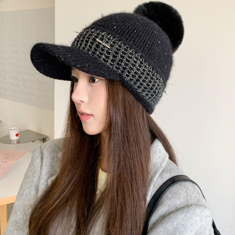 Knitted Winter Baseball Cap Windproof Brimmed Windproof Hat Thermal Knit Visor Beanie Girls