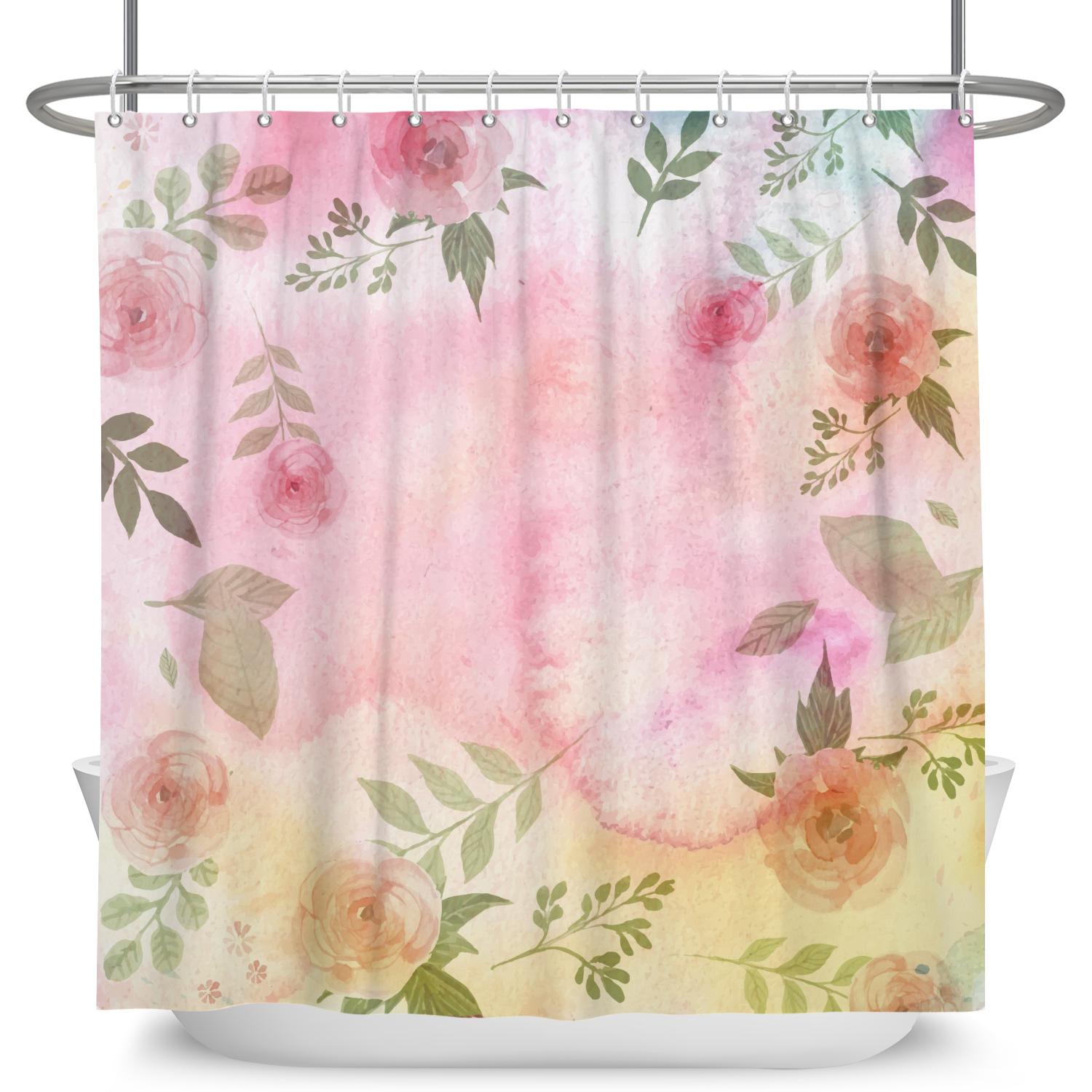 

Watercolor Floral Bathroom Curtain Modern Fresh Simple Botanical Garden Design Waterproof Polyester Shower Curtain With 12 Hooks W60H190(CM)-1 Pcs