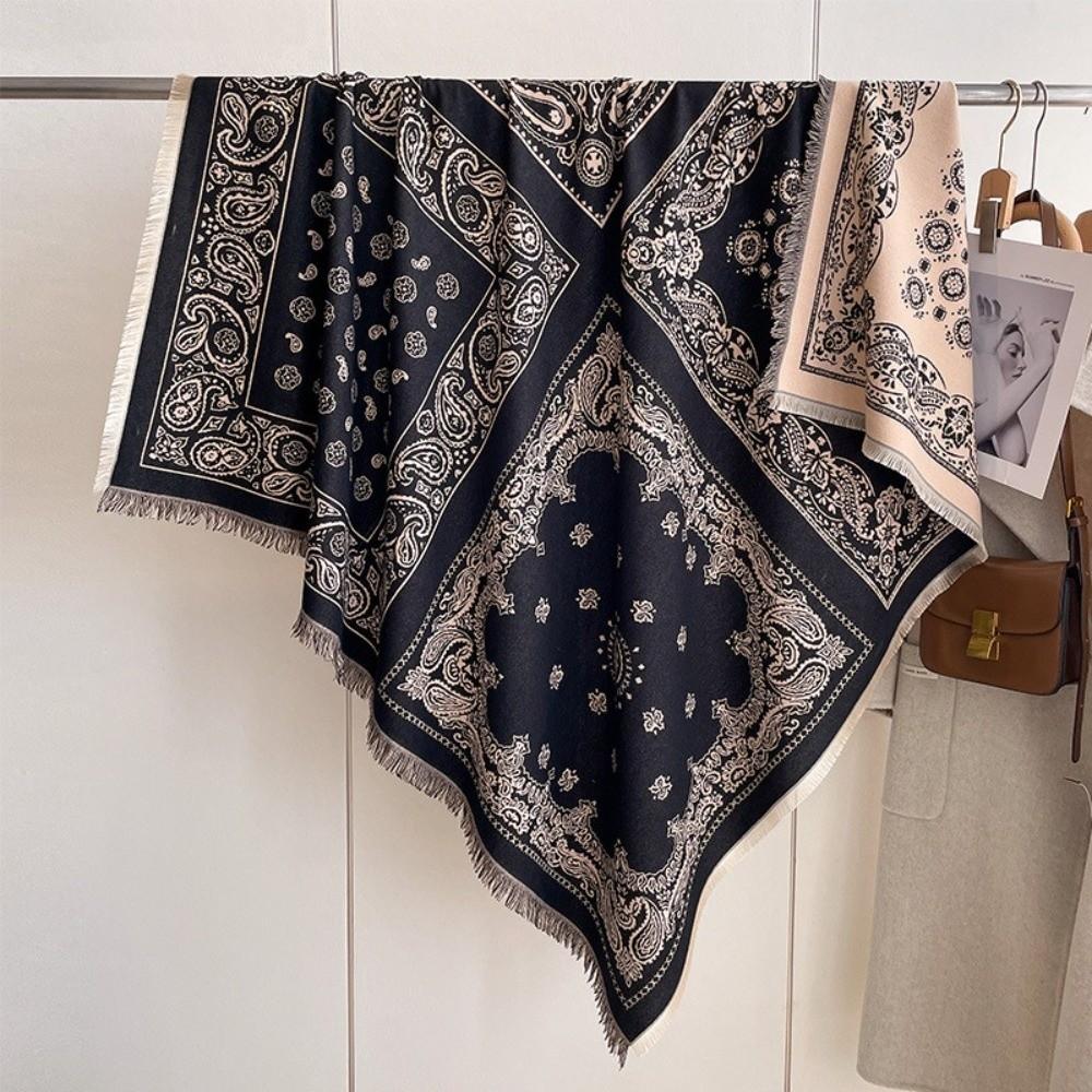 Retro Imitation Cashmere Winter Scarf Warmth Square Printed Shawl and Wrap Soft Double-sided Tassel Poncho