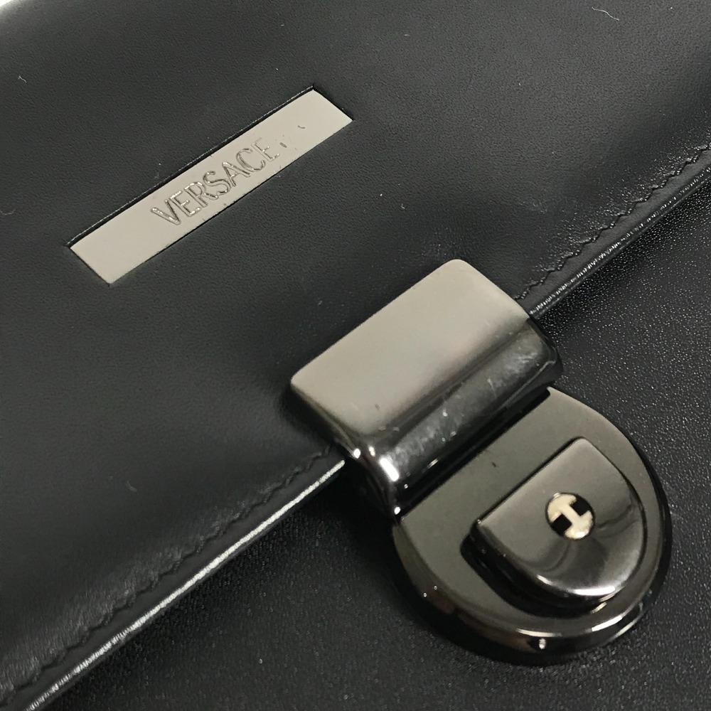 VERSACE with Strap logo Bag Pouch Flap Clutch Bag Leather Black