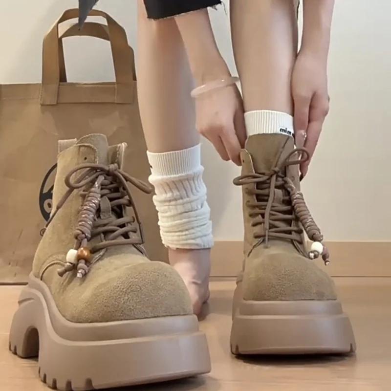 Gruba Podeszwa Damskie Buty Motocyklowe Styl Brytyjski Obcas Platforma Jesienne Nowoczesne Krótkie Botki Zapatos De Mujer