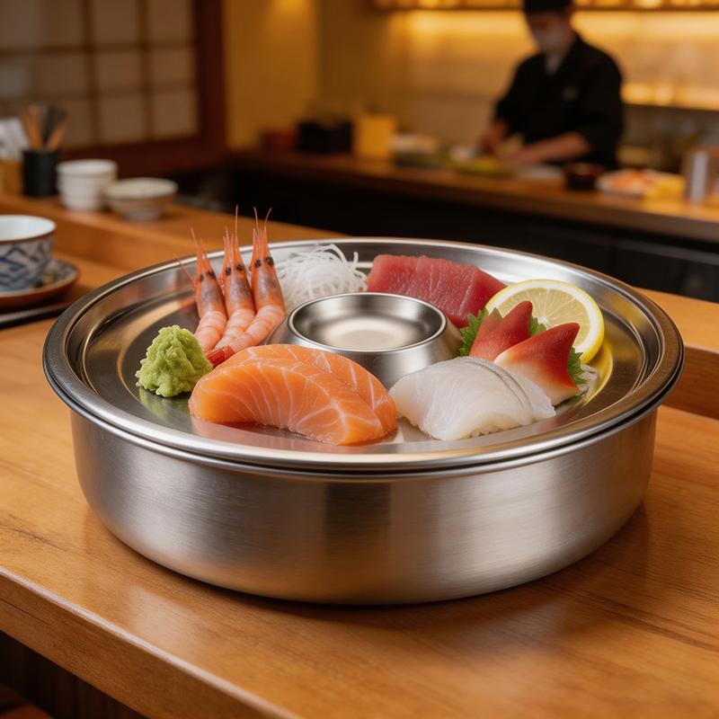 Piatto di Ghiaccio per Sashimi in Acciaio Inossidabile Rotondo Con Piatto per Salse Vassoio Espositore per Cibo Vassoio Refrigerante Vassoio Staccabile per Frutti di Mare Sushi