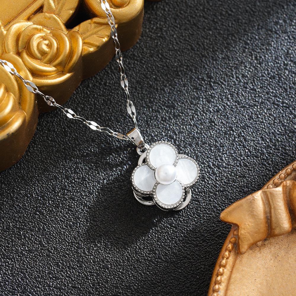 Natural Pearl & Cat's Eye Four-Leaf Clover Necklace - Rotating Titanium Steel Clavicle Chain for Women