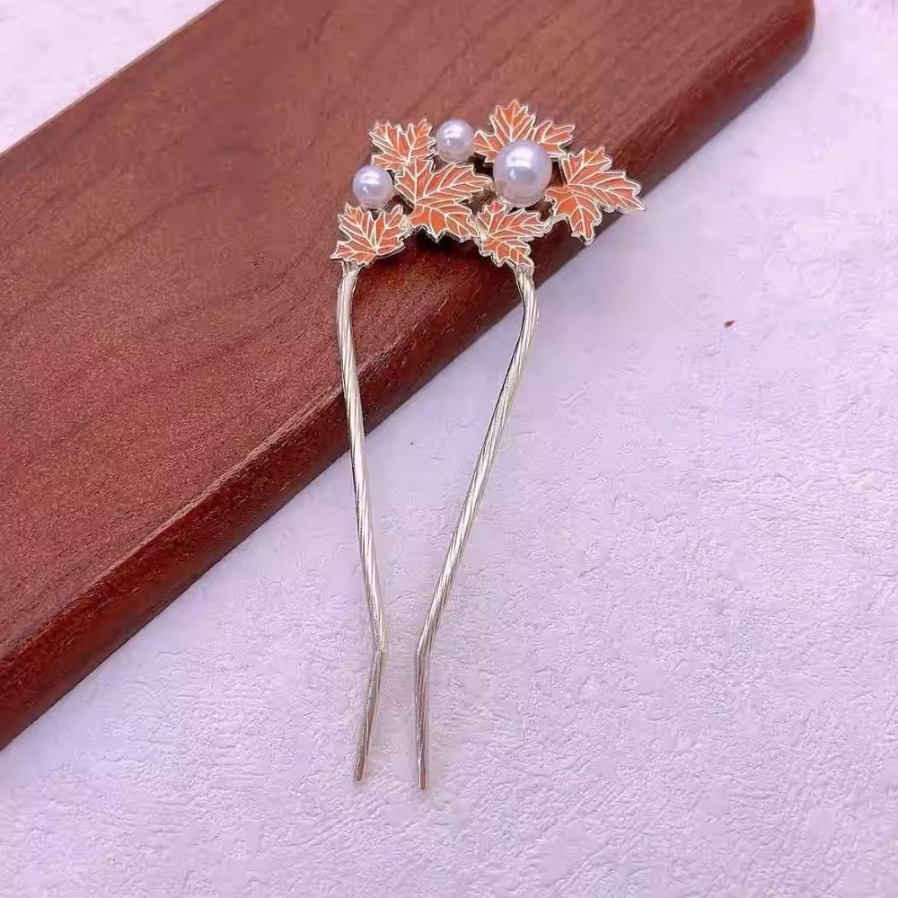 1pc Exquisite Fashion Dynasty-Inspired Pearl Maple Leaf U-Pin Modern Chinese Metal Hair Barrette Delicate Heritage Hair Jewelry