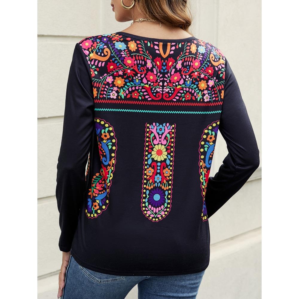 Spring Autumn Women's T-shirt Bohemian Print Long Sleeved T-shirt for Women Nation Print T-shirt Casual Pullover Plus Size Women Clothing