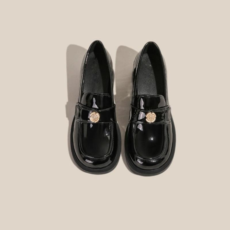 2025 new spring and autumn British small leather shoes women's jk high heels black loafers thick heel single shoes large size 41 to 43