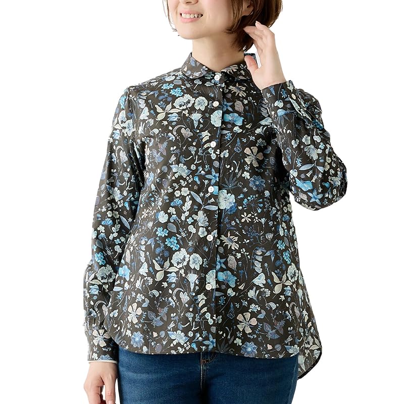 

[SPAN] 920 made in Japan Liberty liberty round collar shirt blouse tops long sleeve Tana Lawn ladies (JP, alphabet, M, H gray x blue floral pattern)