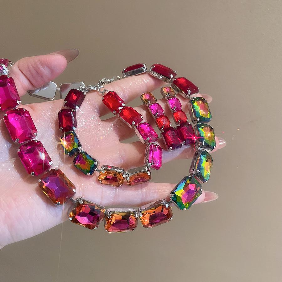 Elegant Rhinestone Geometric Earring and Necklace Set with Color Block Design