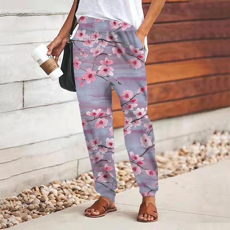 Damen Hose mit Blumendruck zum Schnüren Elastischer Bund Weite Hose Lässige Lange Hose Hose mit Taschen