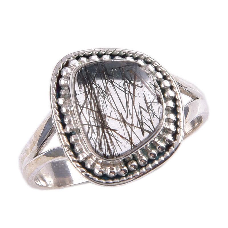 Natural Black Rutile Gemstone 925 Solid Sterling Silver Jewelry Ring S.7.5 E4e94