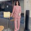 Women Suit Coat Lapel Long Sleeve Side Button Lace-up Suit Jacket Solid Color Loose Fit Pockets Business Outwear