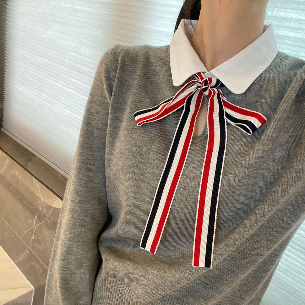 Preppy Two-Piece Bow Knit Sweater with Shirt Collar for Women