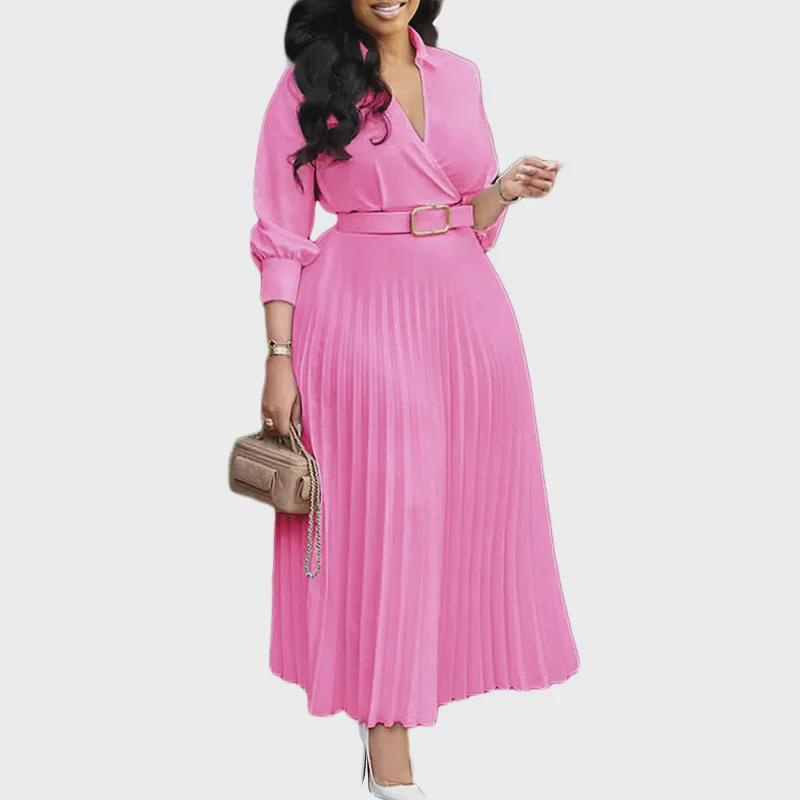 2026 Women's High-Waist Pleated Lapel Dress - African Fashion, Long Sleeve, Solid Color
