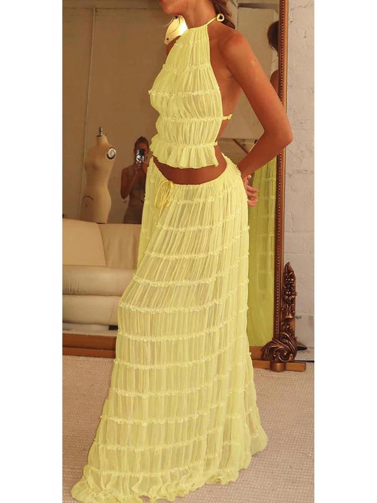 2024 Spring/Summer European & American Fashion Backless Halter Lace Ruffle Maxi Dress Set