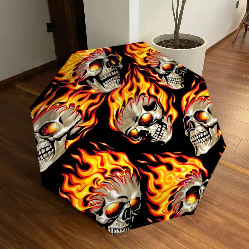 1pc Skulls Fire Pattern Umbrella Design Automatic Opening and Closing Umbrella, High-quality Travel Umbrella, Lightweight and Portable,