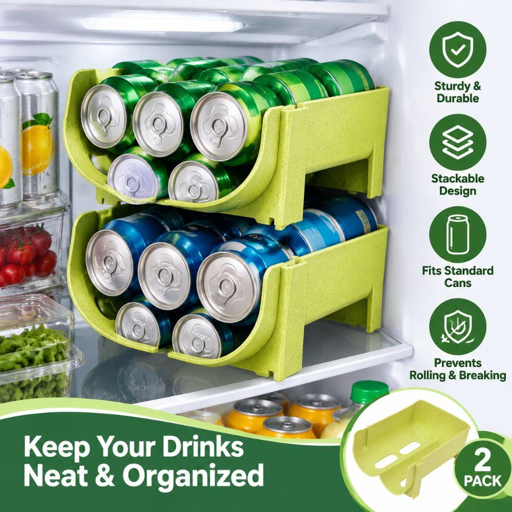 2PCS Green Can Organizer Layered Structure Stackable Can Holder Drink Storage Holder  Refrigerator