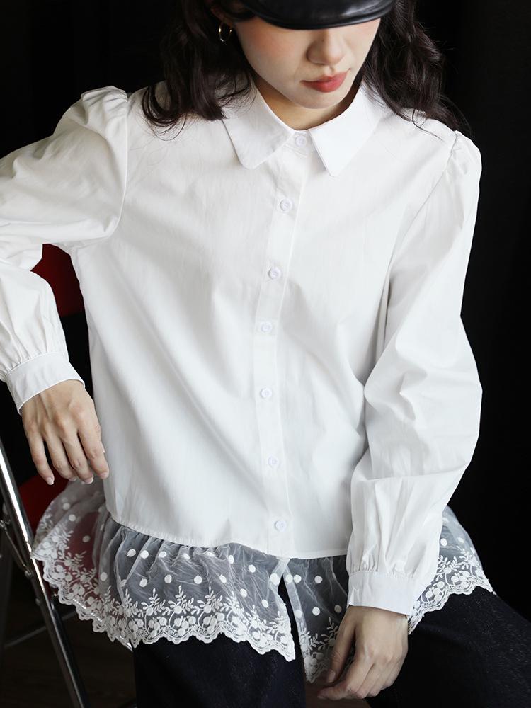 2025 Spring French White Lace Patchwork Shirt - Korean Style Retro Slimming Loose Long-Sleeved Women's Top