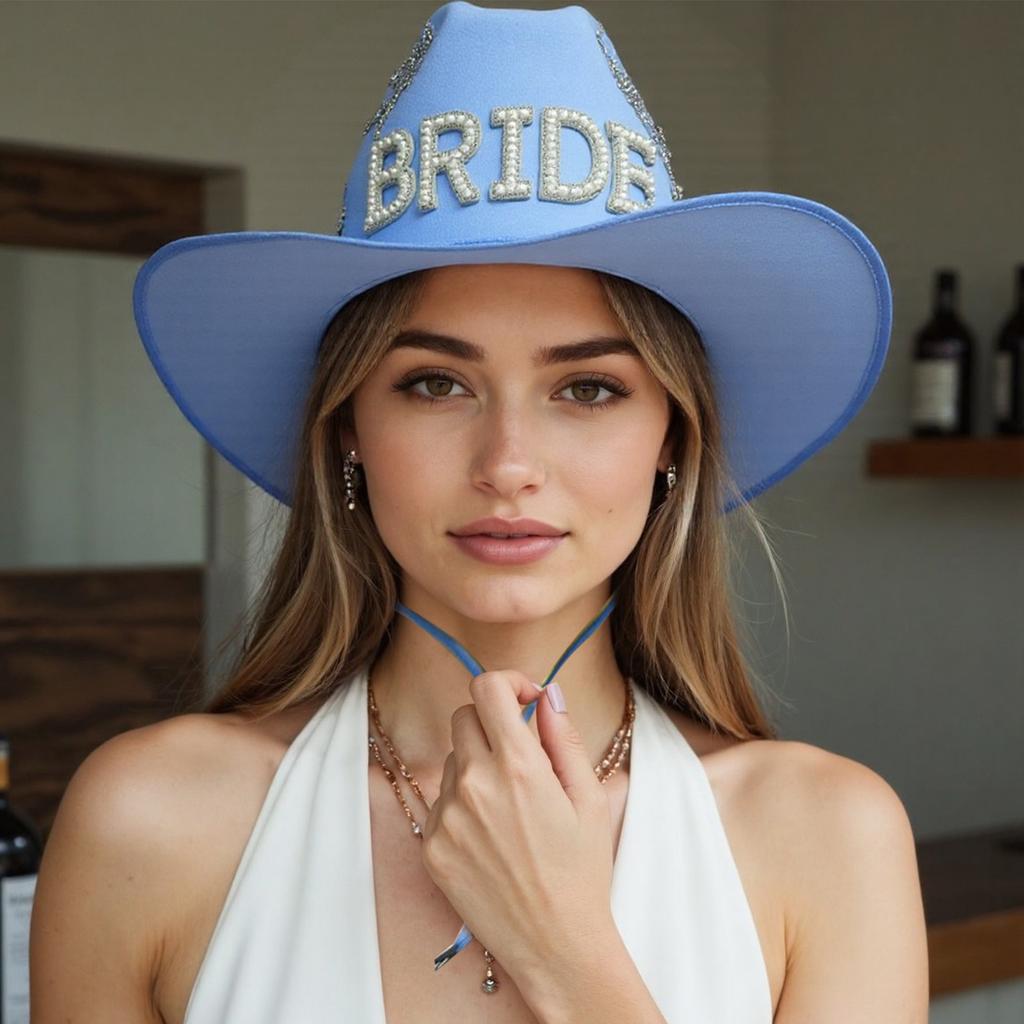 Jeweled Crystal Cowboy Hats Bride Blue Panama Hat for Bachelorette Party Cowboy Hats for Club Stage Shows