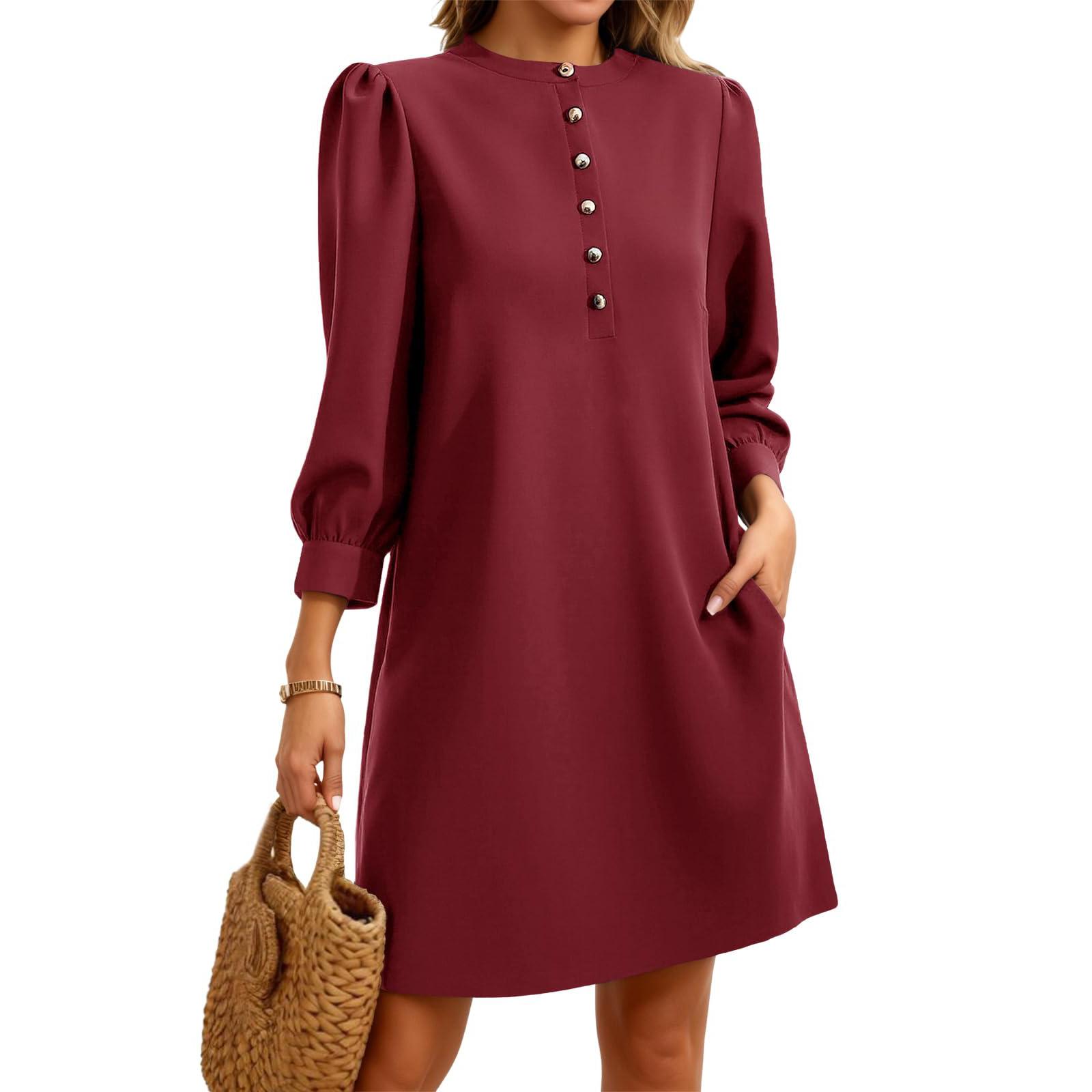 

Женское платье с рукавами 3/4 буф, на пуговицах, с круглым вырезом, элегантное и повседневное однотонное платье L