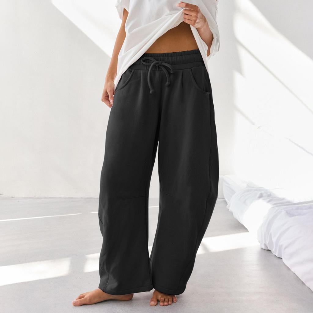 Women's Barrel Leg Sweatpant Drawstring Elastic Waisted Wide Leg Pants Casual Cotton Palazzo Trousers With Pockets