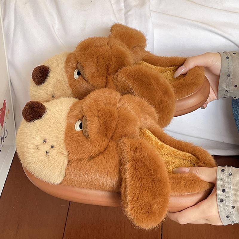 Fashion Indoor Fluffy Slippers For Women Winter Platform Shoes Cute Cartoon Dog Warm Plush Anti-slip Girls Home Floor Cotton Slides