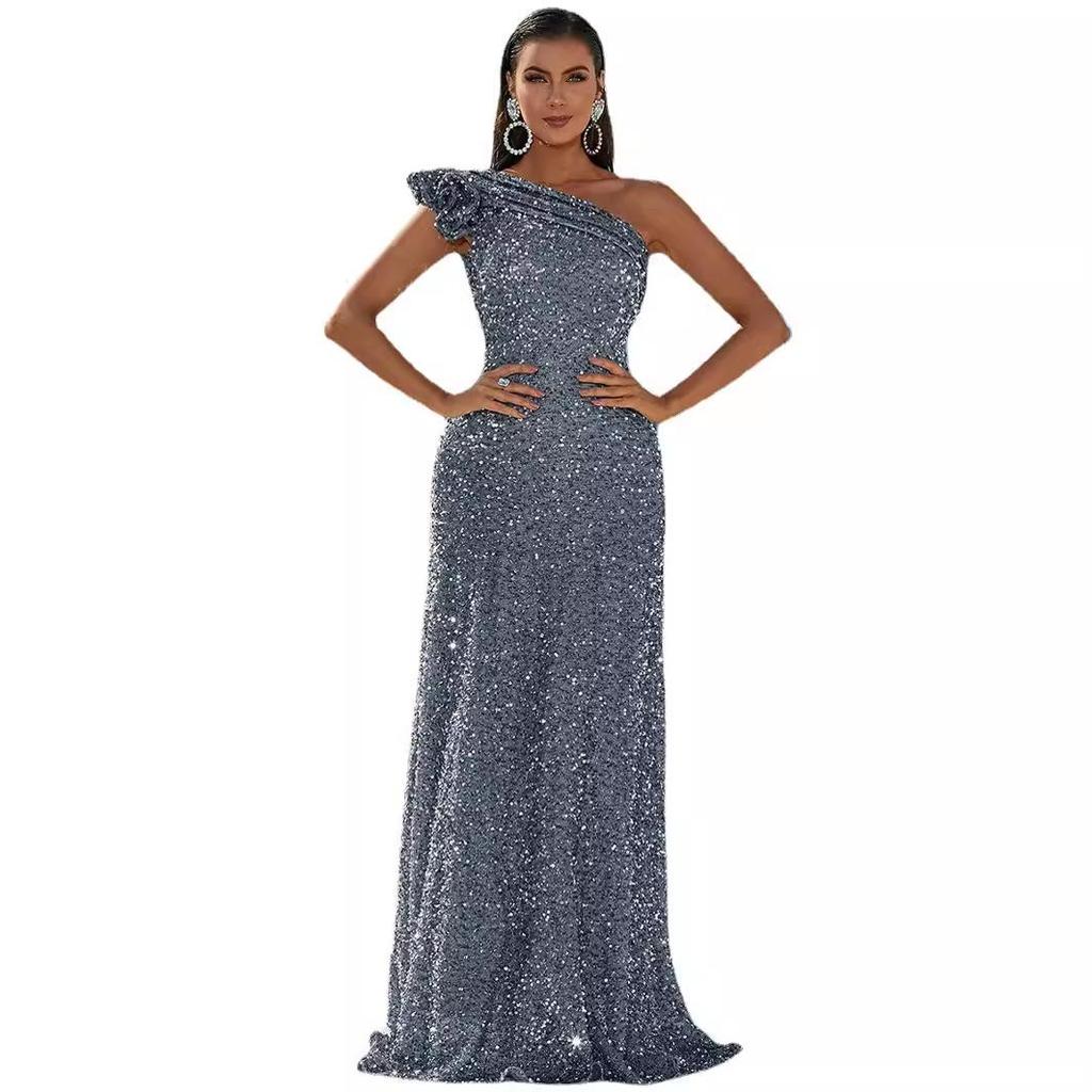 2025 Silver Sequin One-Shoulder Backless Prom Gown