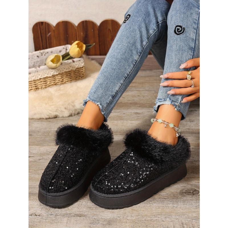 2025 Autumn and Winter New Women's Thick Sole Thickened Plush Snow Boots Sequins