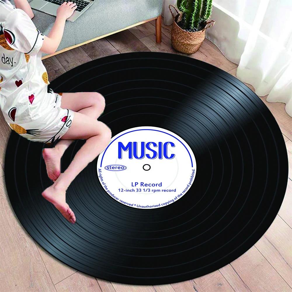Runder Teppich mit klassischer Musik-Schallplatte, Teppiche für die Dekoration von Wohnzimmerstühlen, weiche, rutschfeste Bodenmatte zum Spielen für Kinder