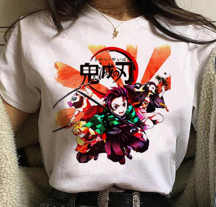 Kawaii Casual Anime Demon Slayer Kimetsu No Yaiba Graphics Female T-Shirt Summer Loose Blouse White Tees O-Neck Women Goth Tops